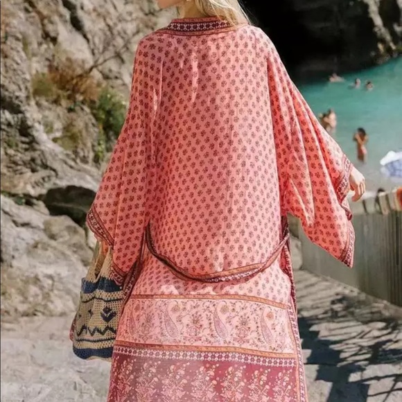 Teal Boho Kimono Floral Gypsy Print Maxi CoverUp - Picture 10 of 15